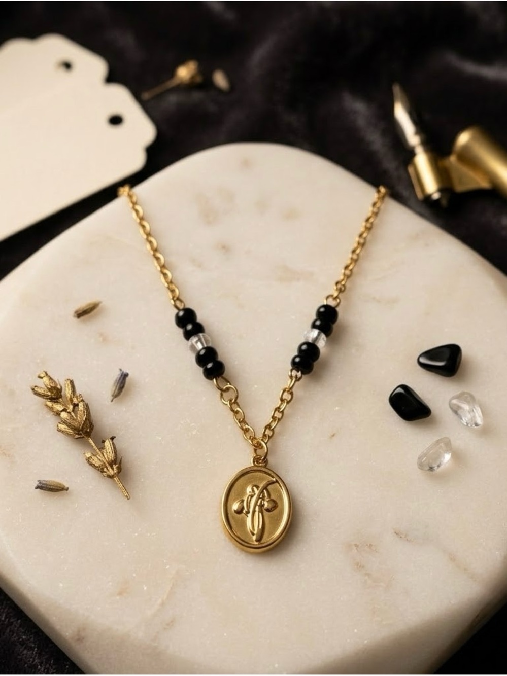 Gold Pendant Necklace with Black Beads - Unbranded